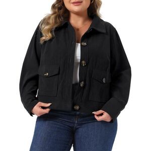 Women's Plus Size Long Sleeve Button Down Corduroy Jacket Black
